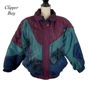 Vintage Clipper Bay Blue Green Burgundy Puffer Jacket Coat Size S